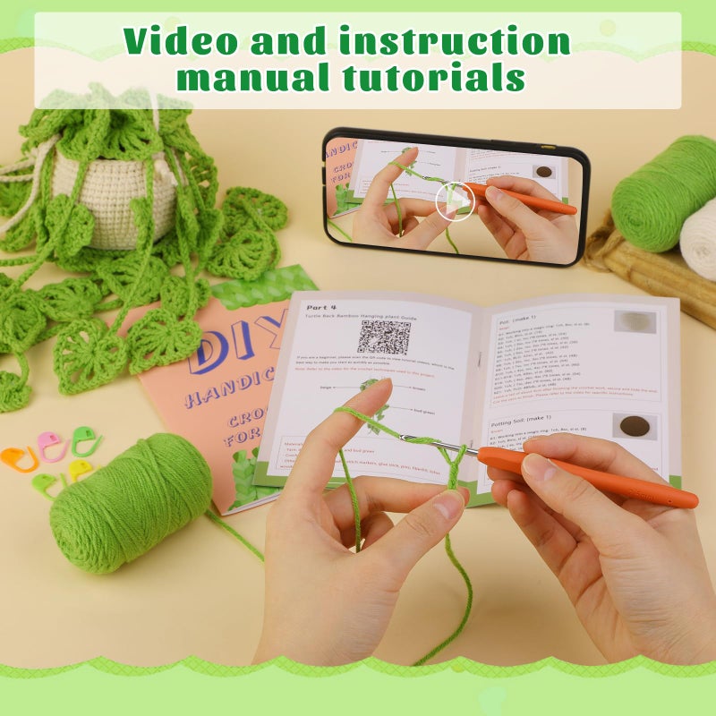 Kogyxe Beginners Crochet Kit Amigurumi Crochet Starter Kits w خطوة بخطوة دروس فيديو معلقة بوعاء النباتات الحياكة حزمة المبتدئين لعائلة نباتات الديكور (40٪ + غزل) - Image 3